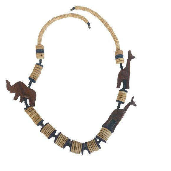 Wood Carved Animal Necklace Giraffe Elephant Brown Blue Purple Barrel Clasp 27” - Picture 5 of 7